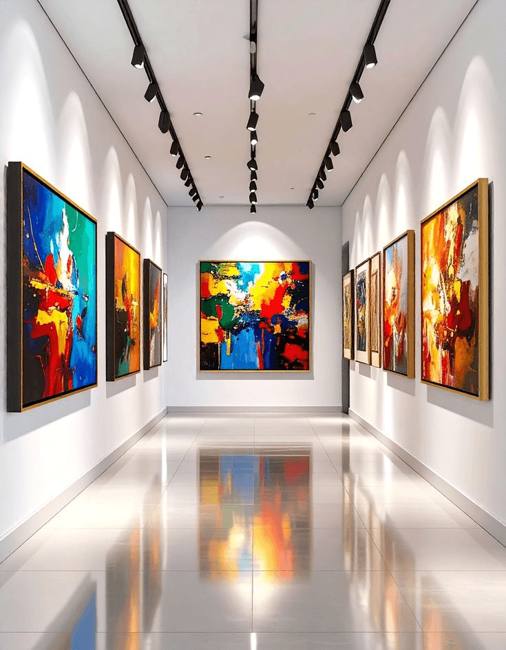 Gallery interior with paintings on display